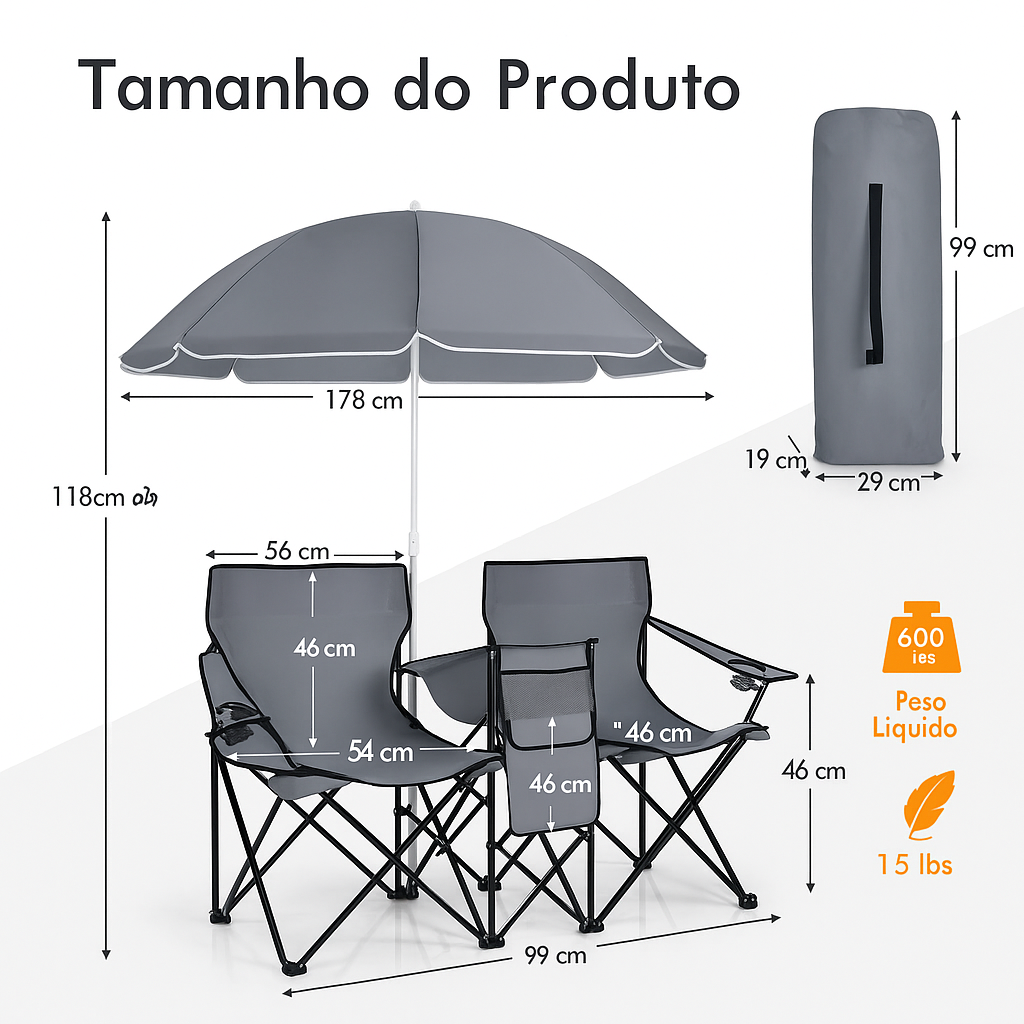 Conjunto Duo Luxo Outdoor – Cadeiras Dobráveis com Guarda‑Sol e Cooler Integrado