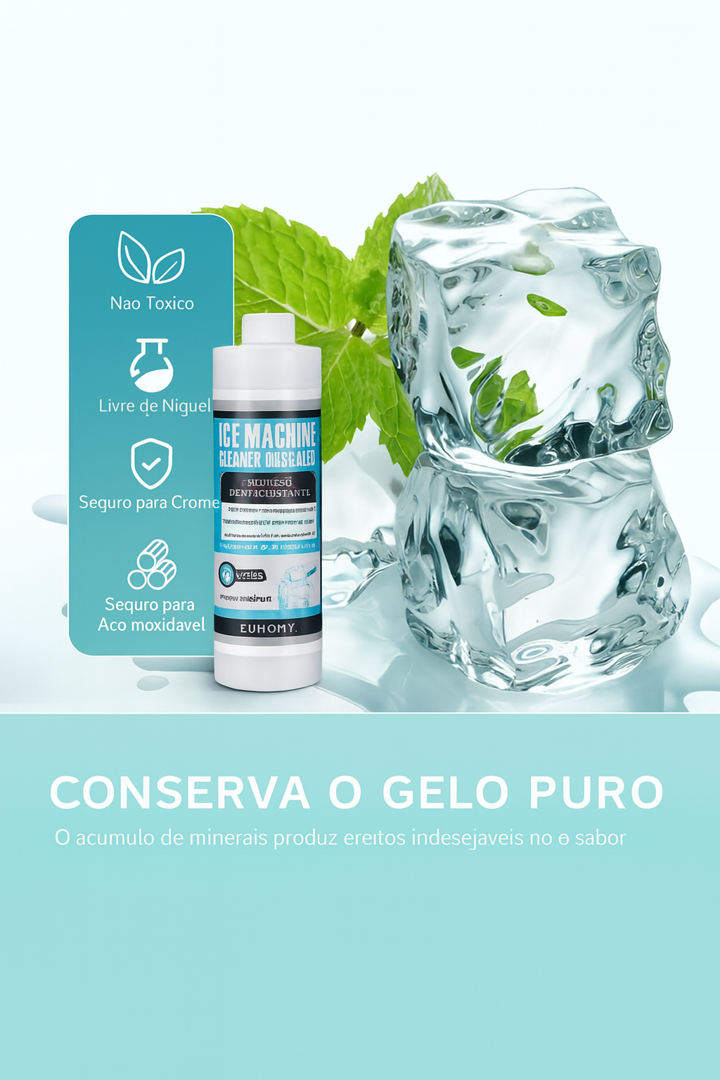 EUHOMY Limpador e Desincrustante para Máquina de Gelo, 473/946 ml (4 Usos por Frasco), Solução Desincrustante Universal Ideal para Todas as Marcas de Máquinas de Gelo