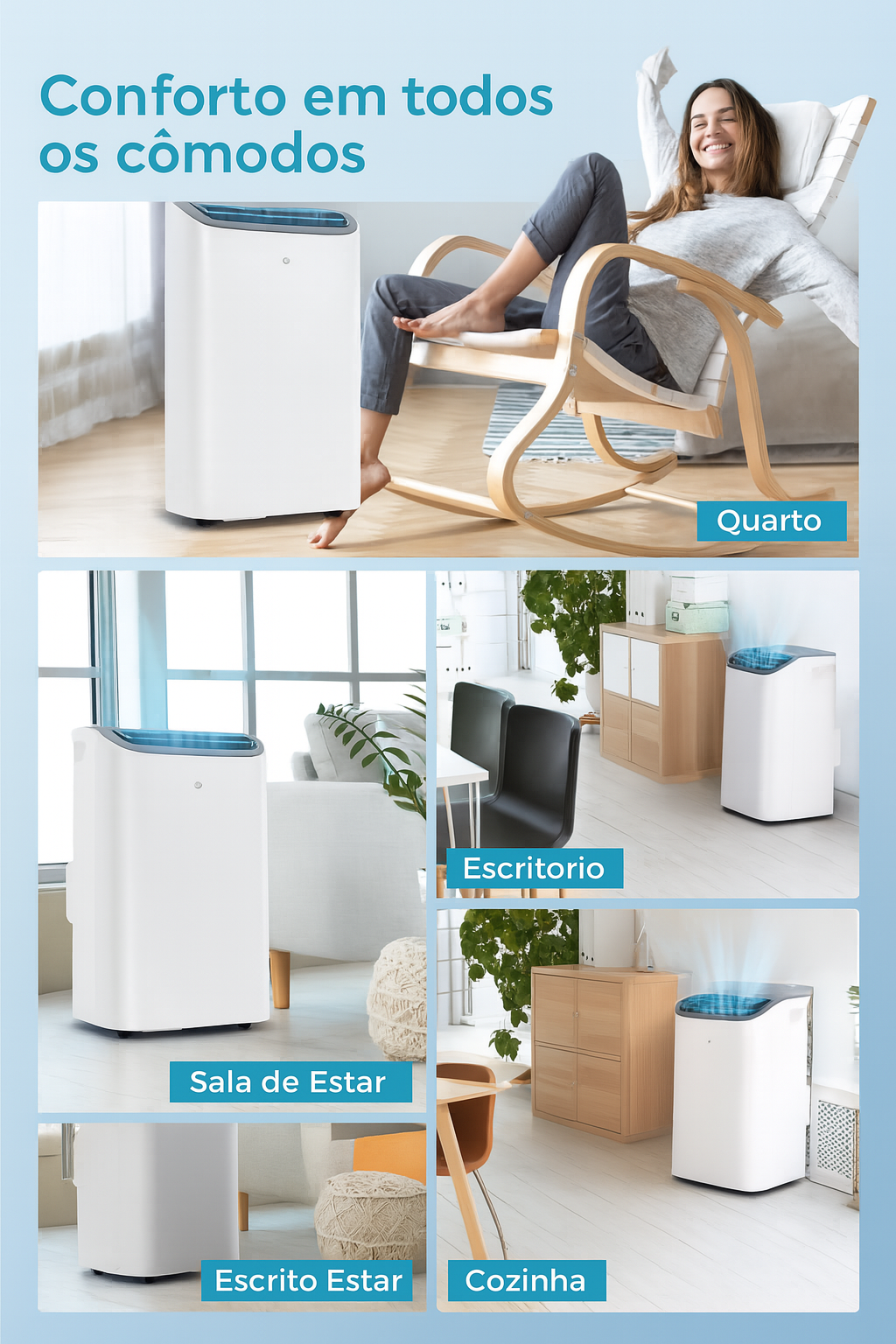 Ar-Condicionado Portátil EUHOMY 14.000 BTU – 3 em 1 com Funções de Resfriamento, Desumidificador e Ventilador