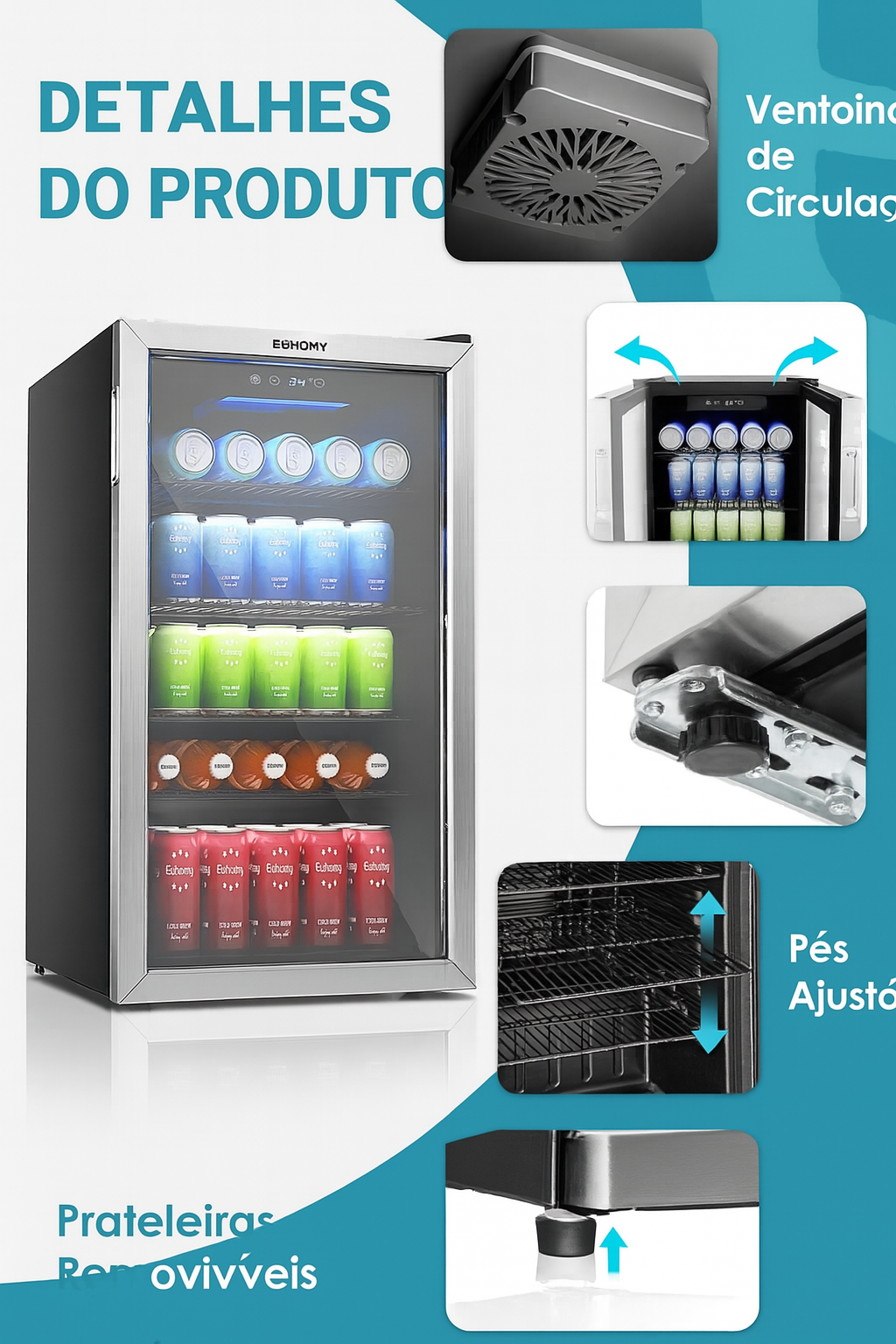 EUHOMY 3.2 Cu.Ft (Pés Cúbicos) Refrigerador de Bebidas e Vinhos Embutido e Independente com Capacidade para 126 Latas