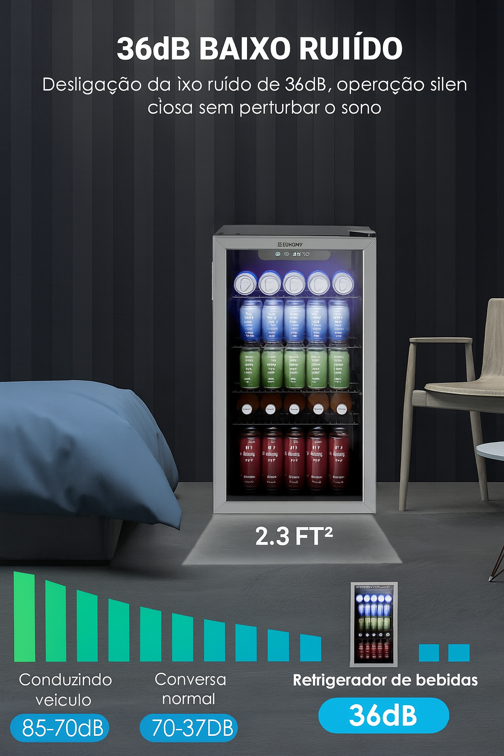 EUHOMY 3.2 Cu.Ft (Pés Cúbicos) Refrigerador de Bebidas e Vinhos Embutido e Independente com Capacidade para 126 Latas