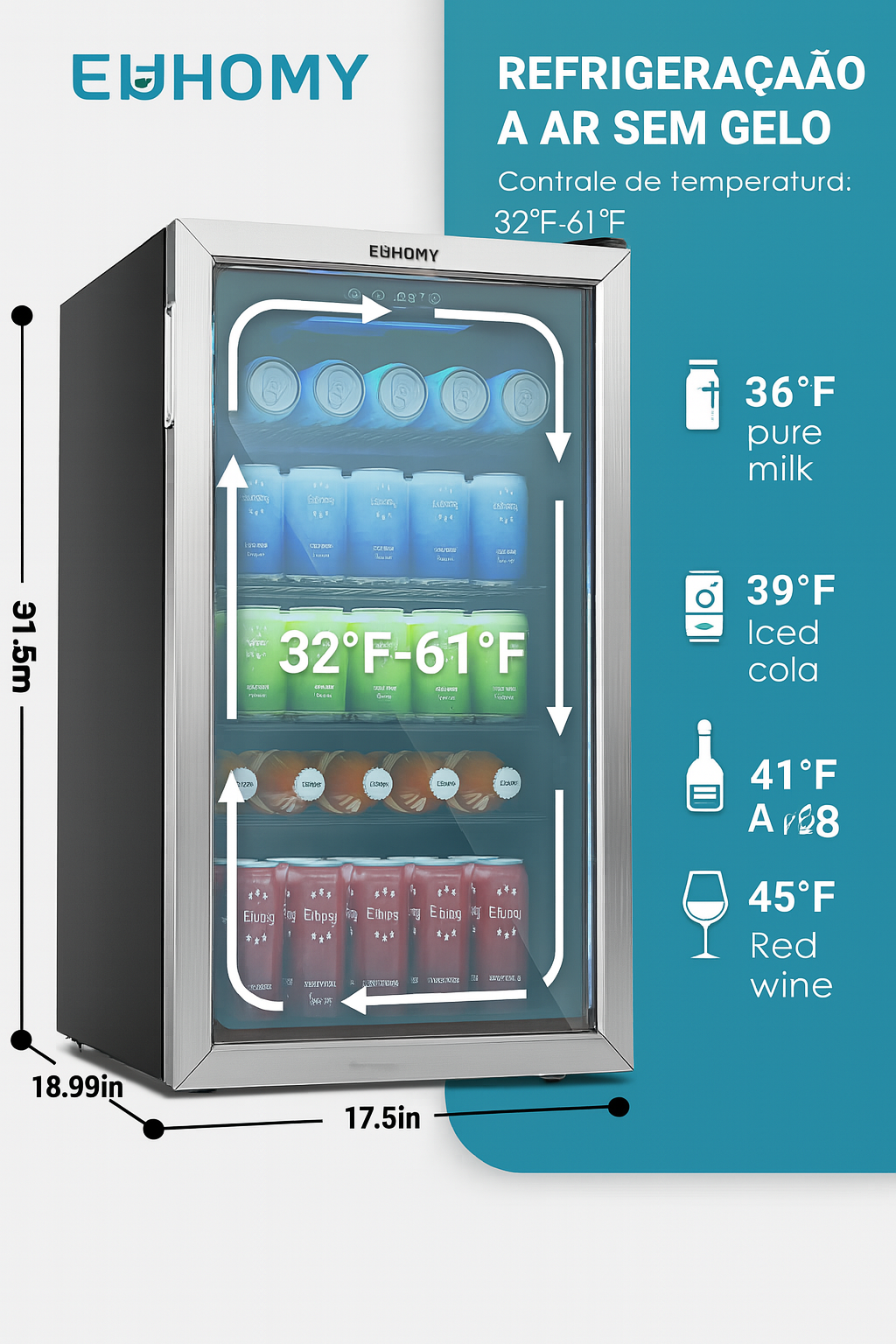 EUHOMY 3.2 Cu.Ft (Pés Cúbicos) Refrigerador de Bebidas e Vinhos Embutido e Independente com Capacidade para 126 Latas