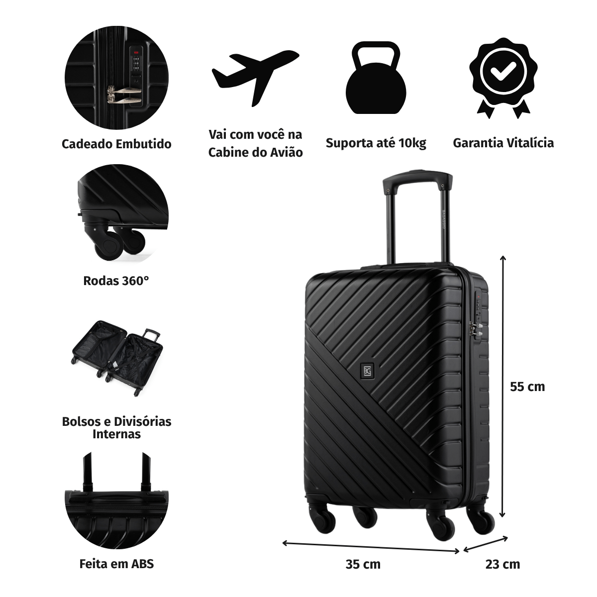 Mala de Bordo 10 kg Abs 4 Rodas Detroit Preta