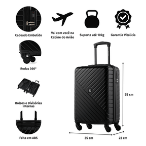 Mala de Bordo 10 kg Abs 4 Rodas Detroit Preta