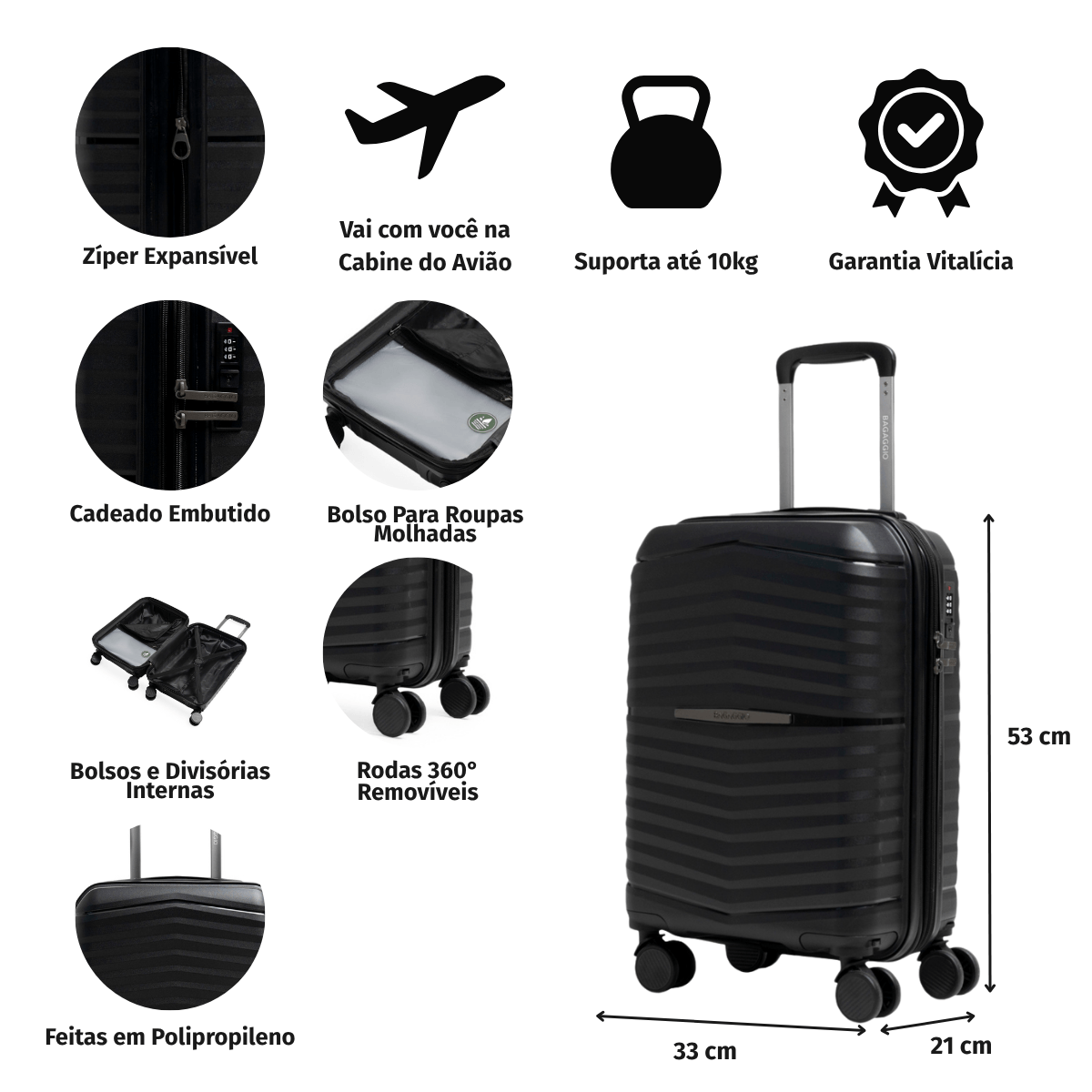 Mala de Bordo 10 Kg Polipropileno 4 Rodas Hong Kong Preta