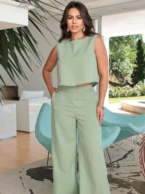 Conjunto Feminino Alfaiataria em Linho – Calça + Blusa Elegante