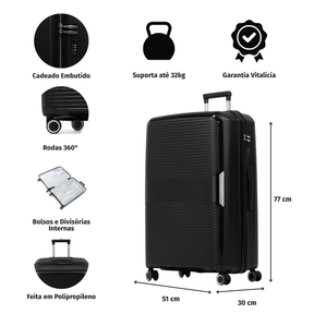 Mala de Viagem Grande 32 Kg Polipropileno 4 Rodas Malta Preta