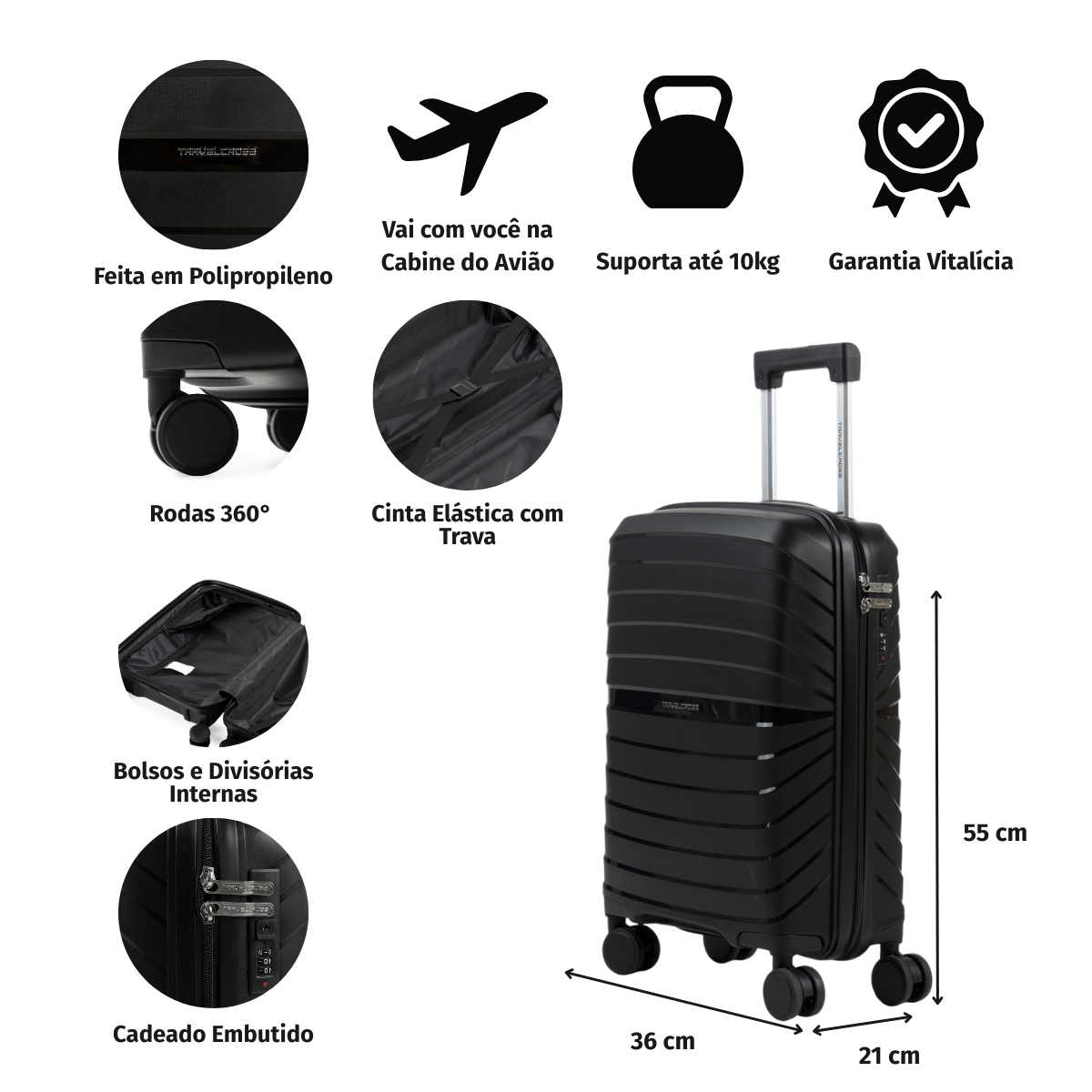 Mala de Bordo 10 Kg Polipropileno 4 Rodas Rover Preta