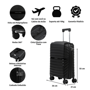 Mala de Bordo 10 Kg Polipropileno 4 Rodas Rover Preta