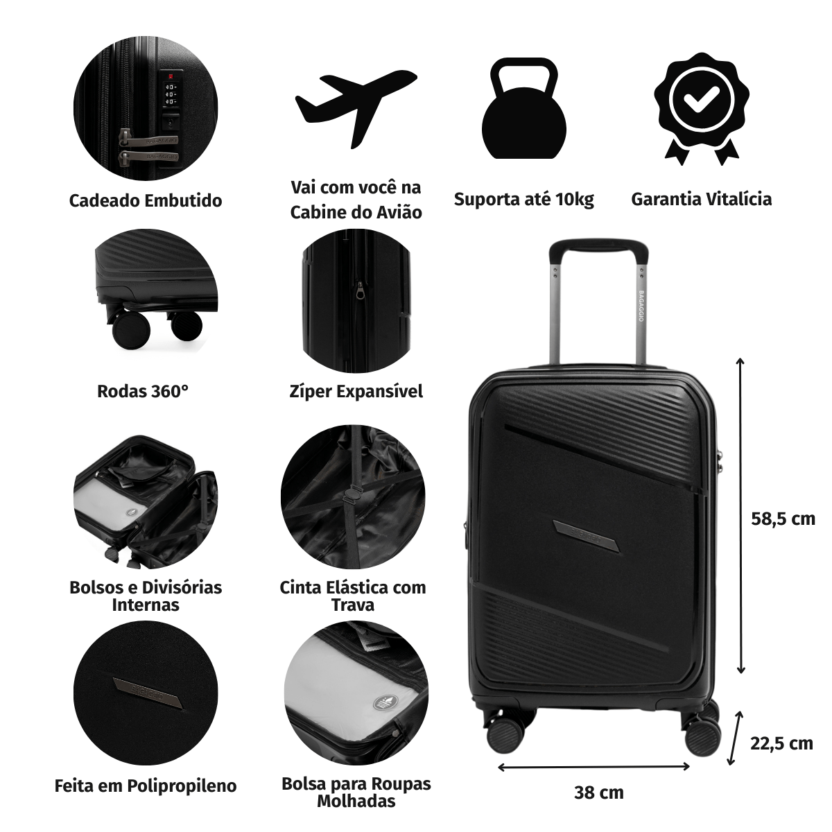 Mala de Viagem Pequena 10 Kg Polipropileno 4 Rodas Seul Preta