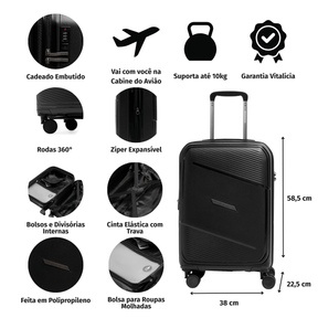 Mala de Viagem Pequena 10 Kg Polipropileno 4 Rodas Seul Preta