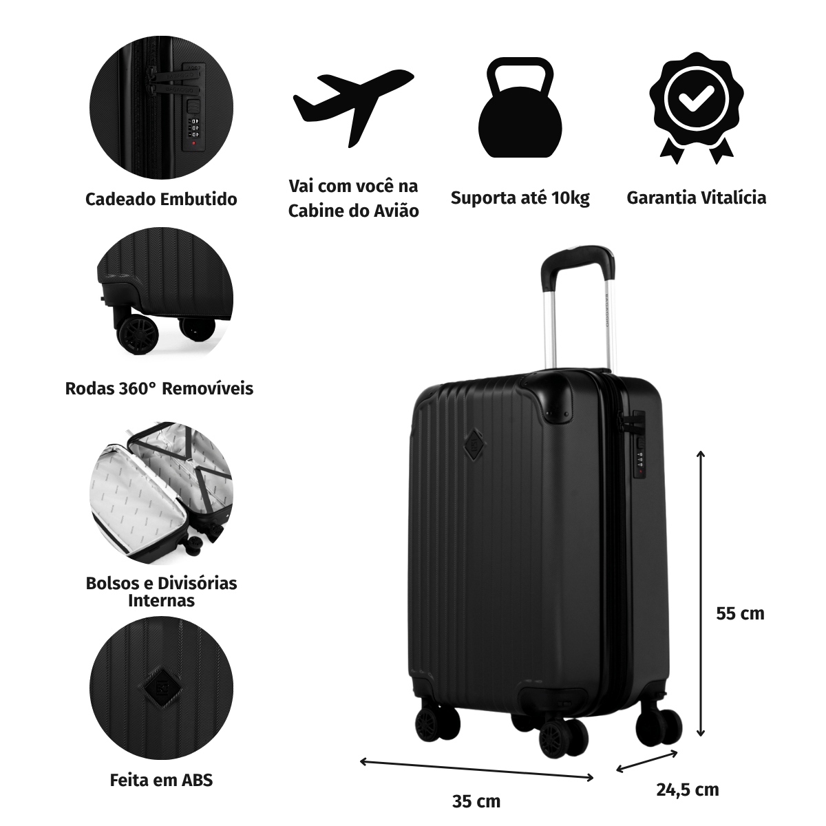 Mala de Bordo 10 Kg ABS 4 Rodas Turquia II Preta